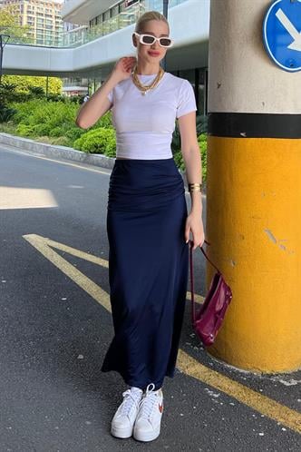 Lacivert Yandan Büzgülü Maxi Etek MG2085