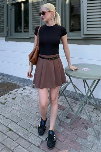 Kahverengi Pileli Kadın Mini Şort Etek Mg2402