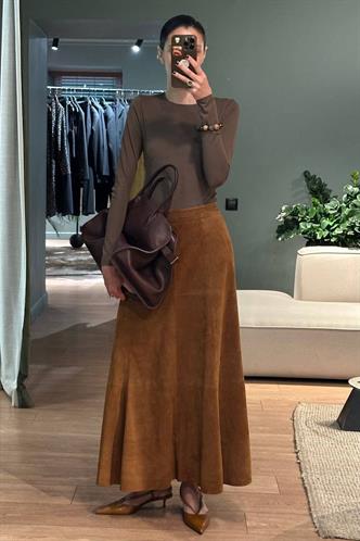 Kahverengi Süet Uzun Etek Mg2549