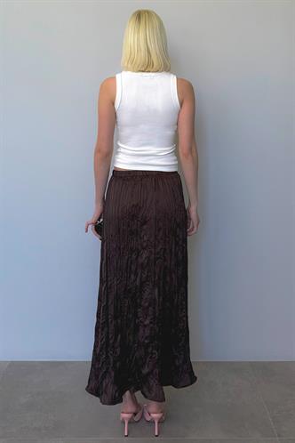 Kahverengi  Kırışık Desen Kadın Saten Etek Mg2468