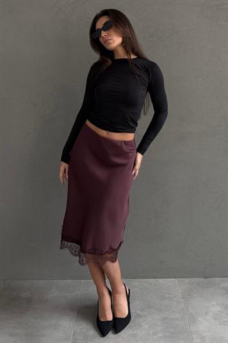 Kahverengi Dantel Detaylı Midi Boy Saten Etek MG2673 