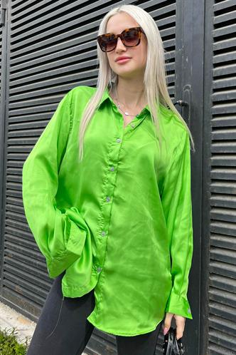 Fıstık Yeşili Basic Kadın Saten Gömlek MG1326