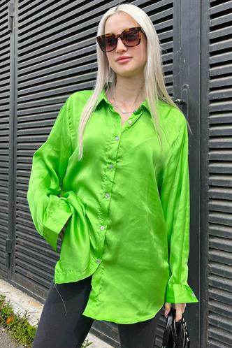 Fıstık Yeşili Basic Kadın Saten Gömlek MG1326