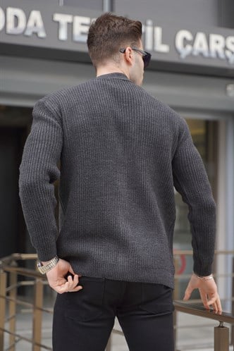 Füme Basic Nakışlı Örgülü Hırka T6313