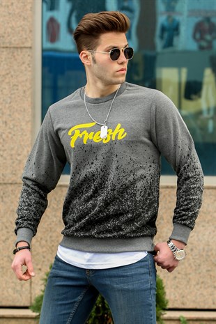 Füme Baskılı Bisiklet Yaka Sweatshirt 2791
