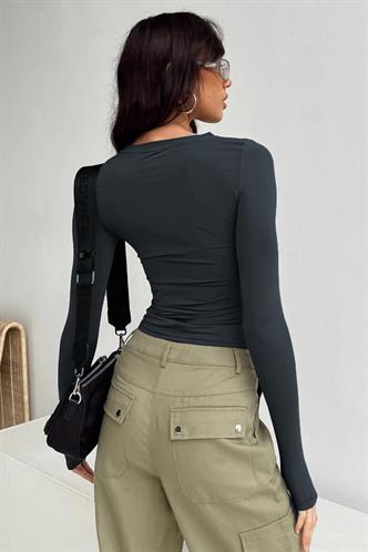 Füme Bisiklet Yaka Basic Uzun Kollu Bluz MG1701