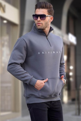 Füme Fermuar Yaka Nakışlı Sweatshirt 6028
