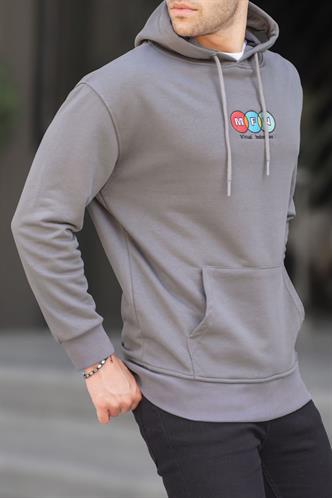 Füme Kapüşonlu Nakışlı Erkek Sweatshirt 6145