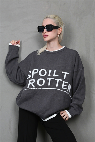 Füme Yazılı Oversize Bisiklet Yaka  Kadın Kazak MG1596