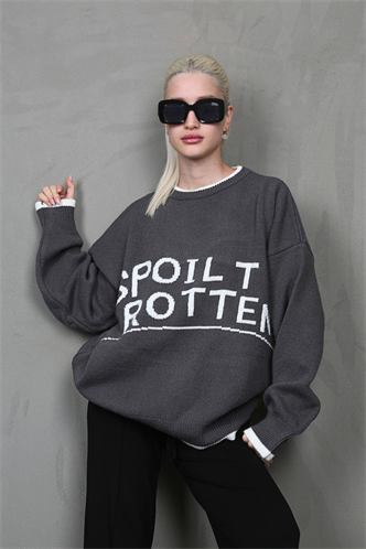 Füme Yazılı Oversize Bisiklet Yaka  Kadın Kazak MG1596