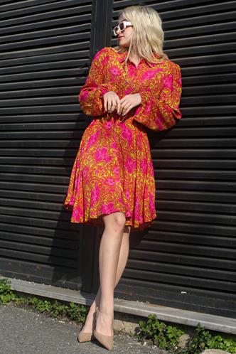 Fuşya Çiçek Desenli Gömlek Yaka Mini Elbise MG1823