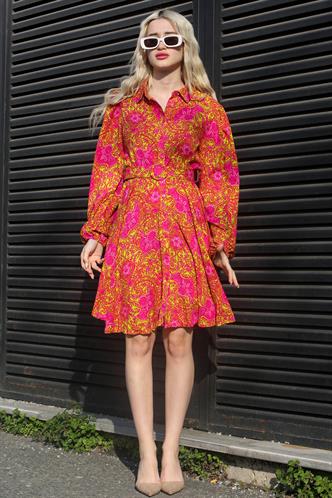 Fuşya Çiçek Desenli Gömlek Yaka Mini Elbise MG1823