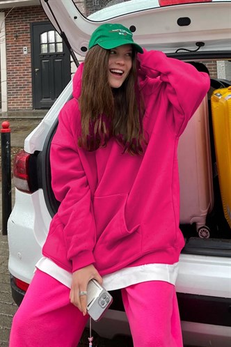 Fuşya Kapüşonlu Şardonlu Oversize Sweatshirt MG1566