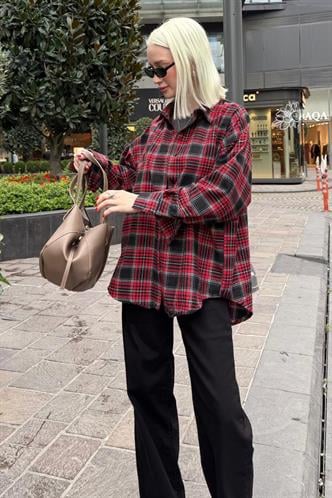 Kırmızı Oversize Ekose Desenli Kadın Gömlek MG2589