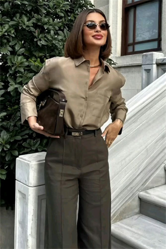 Camel Gizli Düğmeli Şık Kadın Saten Gömlek MG2675