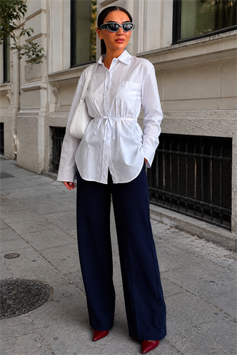 Beyaz Belden Bağlamalı Oversize Cepli Gömlek MG2798