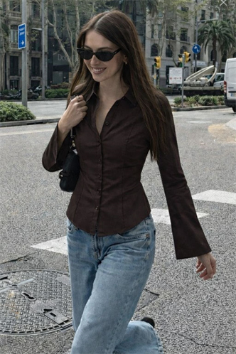 Kahverengi Vücuda Oturan Slim Fit Kadın Gömlek MG2659