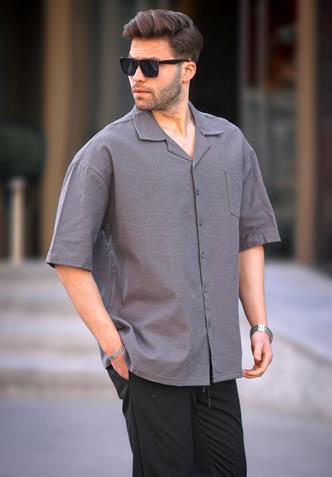 Füme Kısa Kollu Oversize Erkek Gömlek 6737