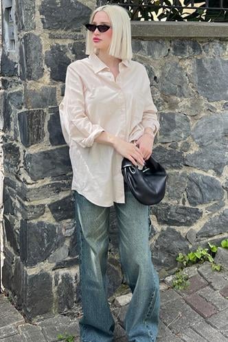 Bej Oversize Basic Cepli Poplin Gömlek MG1530