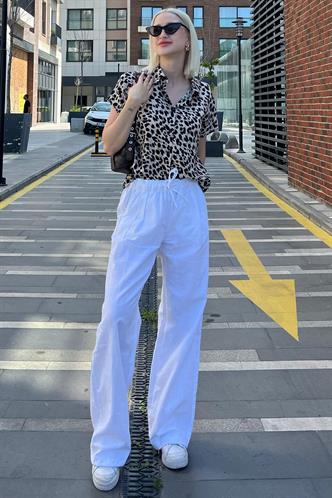 Ekru Leopar Desenli Kısa Kollu Kadın Gömlek MG2098