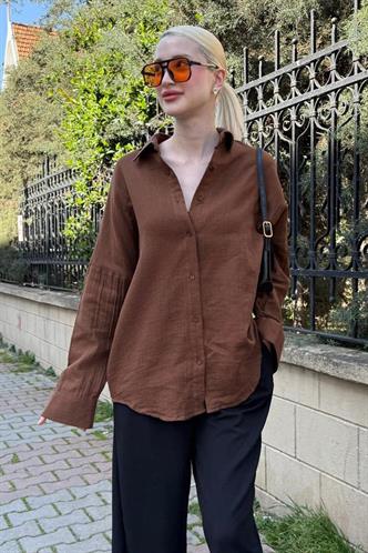 Kahverengi Muslin Kumaş Basic Kadın Gömlek MG1660