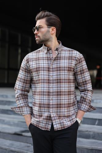 Camel Düğmeli Ekose Desenli Erkek Gömlek E6768