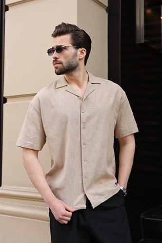 Bej %100 Pamuklu Rahat Kesim Erkek Gömlek E6773