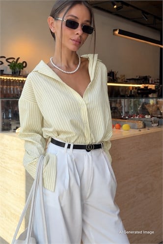 Sarı Çizgili Oversize Kadın Gömlek MG2732