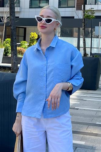 Mavi Çizgili Oversize Kadın Gömlek MG2093
