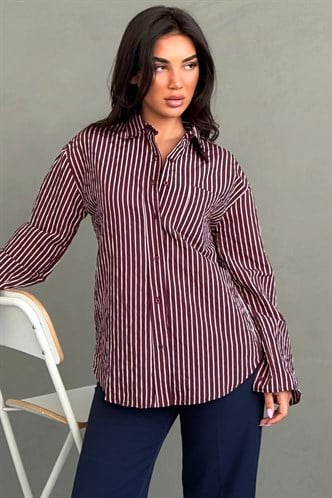 Bordo Çizgili Sendy Kumaş Kadın Gömlek MG2834