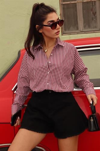 Bordo Pötikareli Uzun Kollu Kadın Gömlek Mg2386