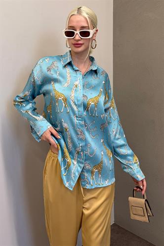 Mad Girls Leoparlı Turkuaz Saten Gömlek MG187
