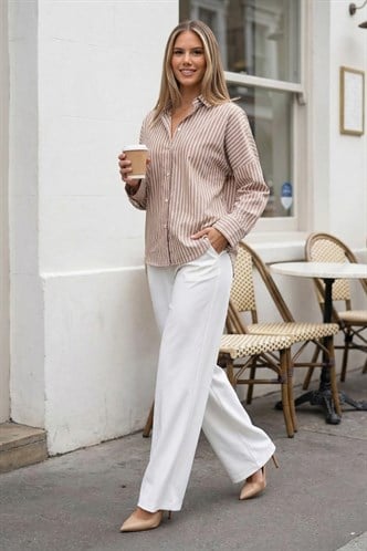 Camel Çizgili Kadın Gömlek Mg2410