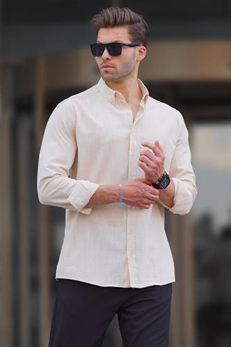 Bej Uzun Kollu Pamuklu Keten Görünümlü Erkek Gömlek 6743