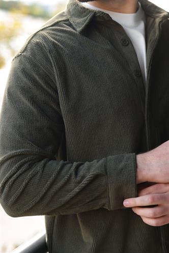 Haki Düğmeli Kadife Erkek Gömlek E6766