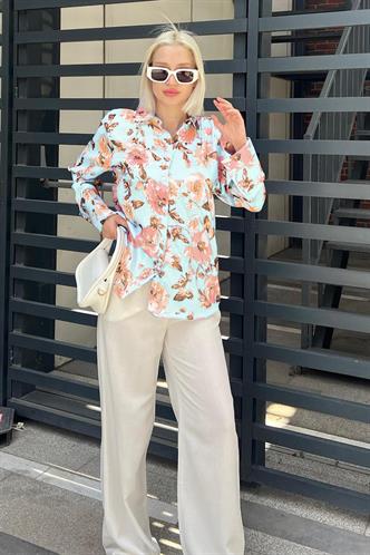 Bebe Mavisi Çiçek Desenli Saten Gömlek MG1787