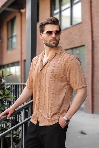 Bej Dalga Desenli Regular Fit Erkek Gömlek E6771