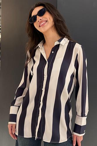 Lacivert Çizgili Oversize Kadın Gömlek MG1850