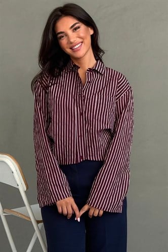 Bordo Çizgili Sendy Kumaş Kadın Gömlek MG2834