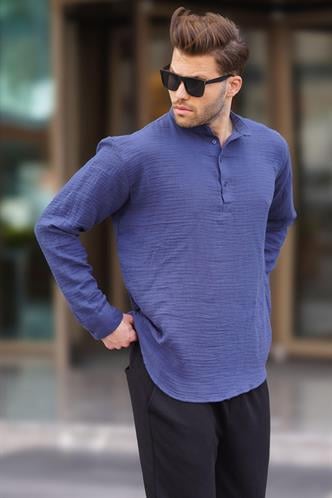 Erkek Lacivert Müslin Uzun Kollu Gömlek 6742