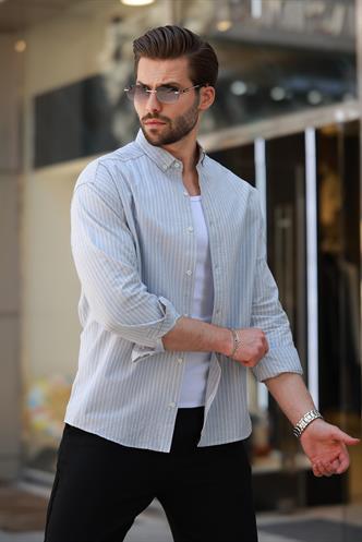 Mavi Çizgili Uzun Kollu Pamuklu Erkek Gömlek 6746