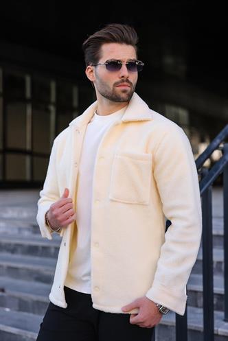 Ekru Çıt Kapamalı Yandan Cepli Erkek Gömlek Ceket E6769