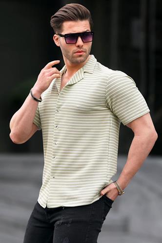 Mint Yeşili Çizgili Kısa Kollu Erkek Gömlek 6703