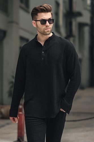 Erkek Siyah Müslin Uzun Kollu Gömlek 6742