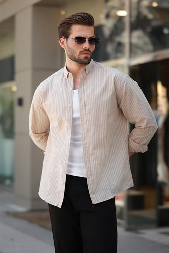 Bej Çizgili Uzun Kollu Pamuklu Erkek Gömlek 6746