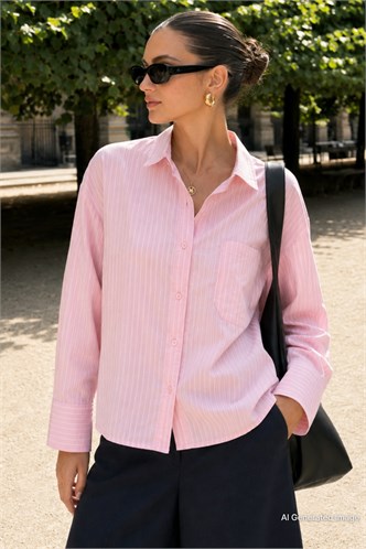 Pembe Çizgili Oversize Kadın Gömlek MG2093