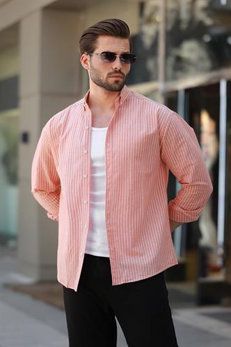 Turuncu Çizgili Uzun Kollu Pamuklu Erkek Gömlek 6746