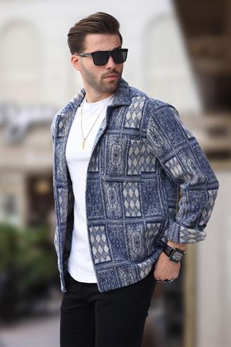 Lacivert Desenli Tek Cepli Erkek Polar Gömlek 6751