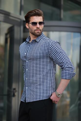 Lacivert Pötikareli Uzun Kollu Erkek Gömlek E6763