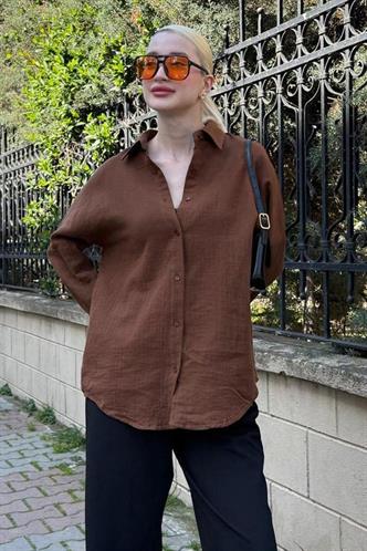 Kahverengi Muslin Kumaş Basic Kadın Gömlek MG1660